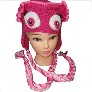 Hand Crocheted Pink Owl Hat Women Sz MEDIUM Handcrafted Yarn Tassles Grannycore